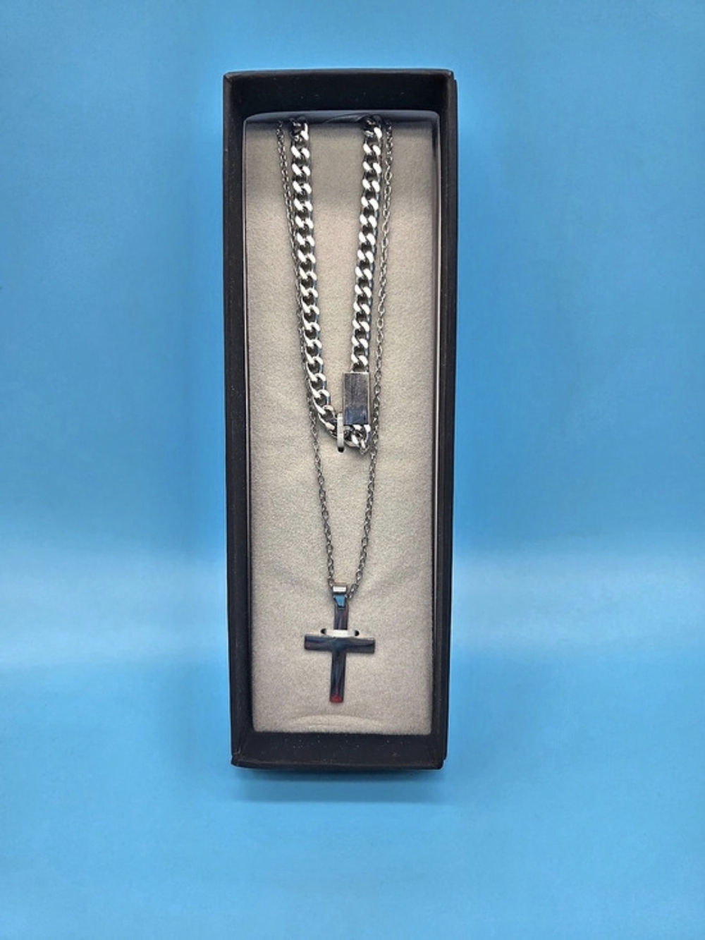 Linea Uomo Layered Cross Pendant Stainless Steel Necklace Set